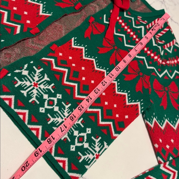 Planet Heart Fair Isle Red & Green Bow Holiday Sweater Cardigan Candycane Sz L - Picture 6 of 8
